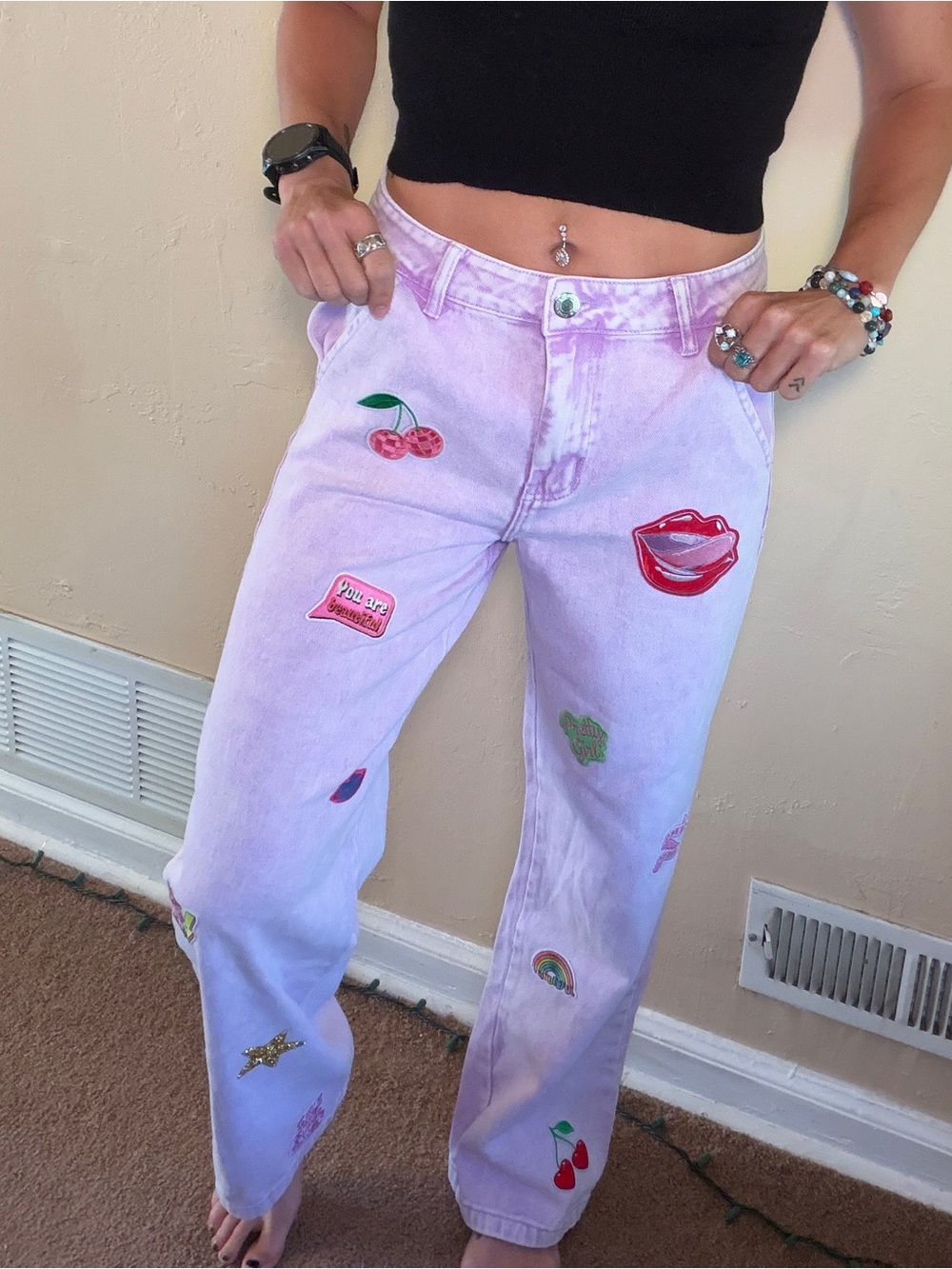 Custom Patchwork Lavender Purple Straight-Leg Baggy Jeans